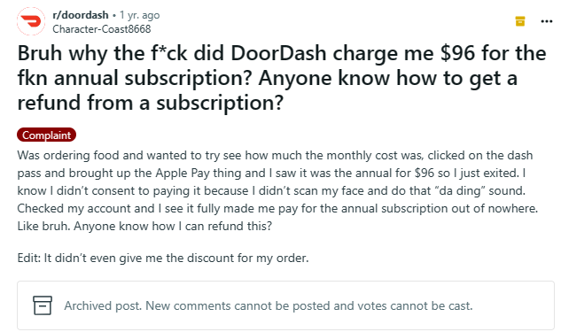 Someone charged with their saved payment method on doordash for making a simple gesture