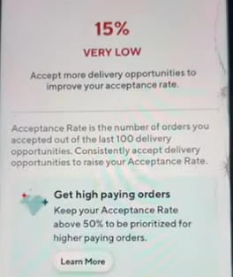 Resetting acceptance rate on Doordash