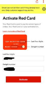 The Red Card notification doordash sends to drivers