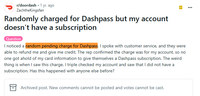 Complaints on Dashpass unathorised charges